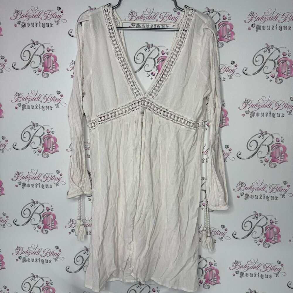 Sun & shadow dress coverup beach crochet knit white tassles lilac open arm flowy